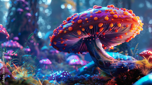 Mushrooms in the forest. Mushroom. Fantasy glowing mushrooms in mystery dark forest closeup view.
 photo