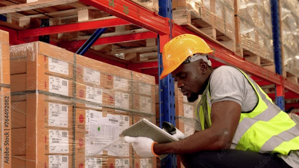 African American young man stock check and barcode scan in the warehouse. Holding a digital tablet in his hands. African American young man stock check and barcode scan in the warehouse. Holding a digital tablet in his hands.