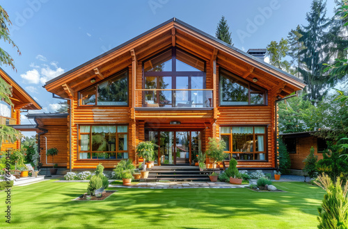 A beautiful two-story wooden house with panoramic windows, a green lawn and trees in front of the entrance, bright colors in modern style © Kien