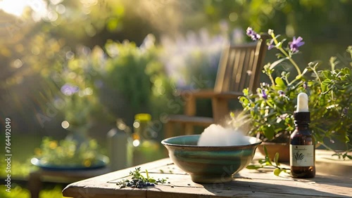 In a tranquil garden a bowl of steaming herbal tea sits on a wooden table next to a bottle of essential oils. The aromas of eucalyptus lavender and peppermint mingle in the photo