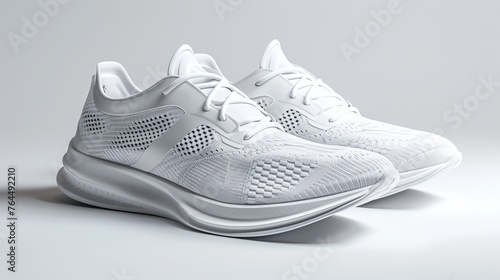 pair of sleek white running shoes, with breathable mesh uppers and cushioned soles, ready for action against a clean white backdrop.