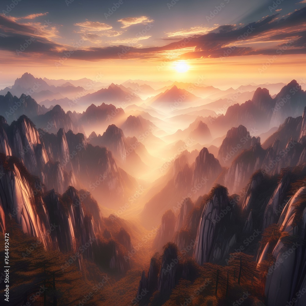  Panoramic view of Huashan National Park mountain landscape at sunset, China. - obrazy, fototapety, plakaty 