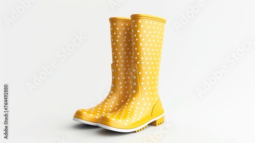 pair of vibrant yellow rain boots, with cheerful polka dot patterns and sturdy rubber construction, ready to brighten up a rainy day against a clean white backdrop.