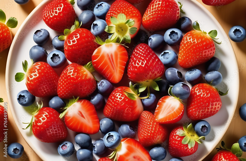 Obraz premium Ripe strawberries and blueberries on a white plate flatlay. Colorful berries on a light background close up