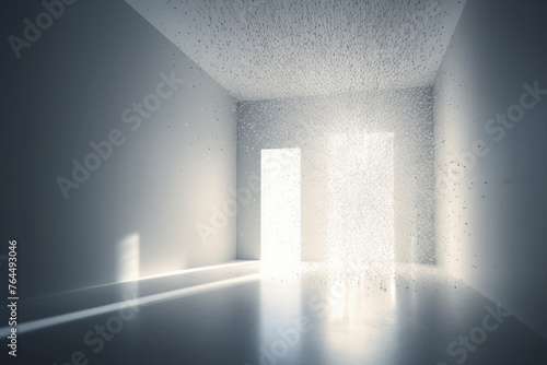 Interior and design concept. White room or corridor with doors and walls filled with small decorative particles. Surreal looking bright room background with copy space