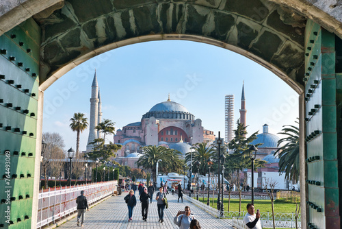 Istanbul, Turkey - March 21, 2024: Editorial: Hagia Sophia mosque in the morning against blue sky in spring in Istanbul, Turkey