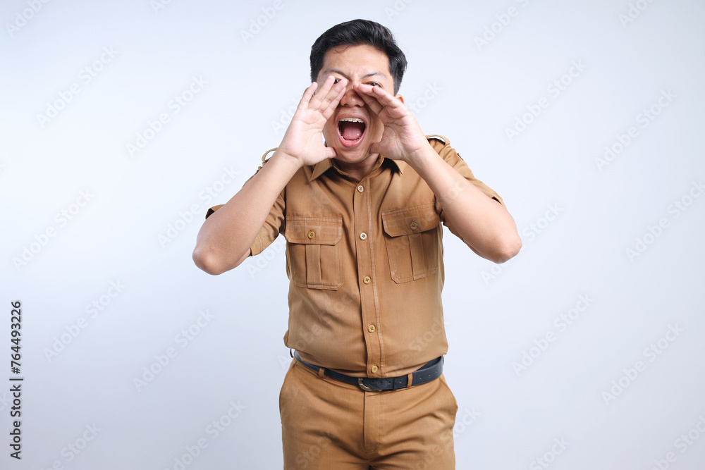 Male Civil Servant Worker Gesture Announce Wearing Uniform Isolated on Gray Background Male Civil Servant Worker Gesture Announce Wearing Uniform Isolated on Gray Background
