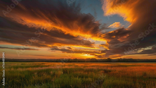 colorful clouds with sun set under the green grassland abstract background 