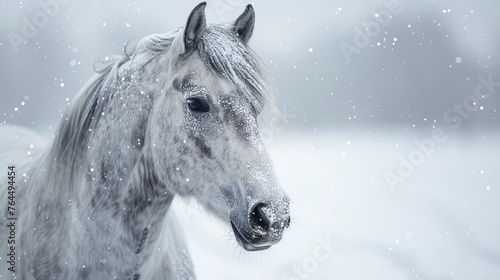  White stallion in snow, head turned sideways, eyes open