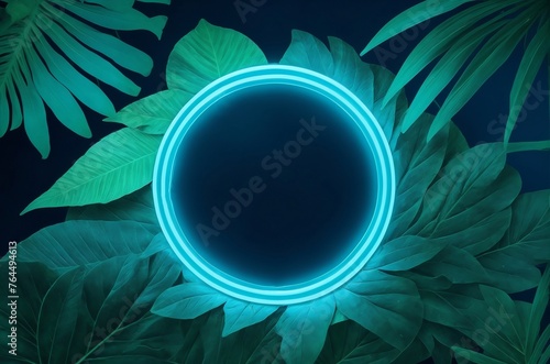 A mesmerizing blend of neon lights and lush green leaves creates a captivating background. Perfect for modern designs!
