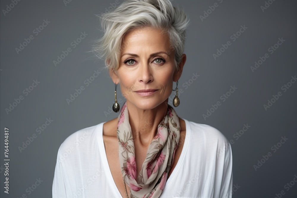 Portrait of a beautiful mature woman with short blond hair, dressed in a white blouse and colorful scarf. Portrait of a beautiful mature woman with short blond hair, dressed in a white blouse and colorful scarf.