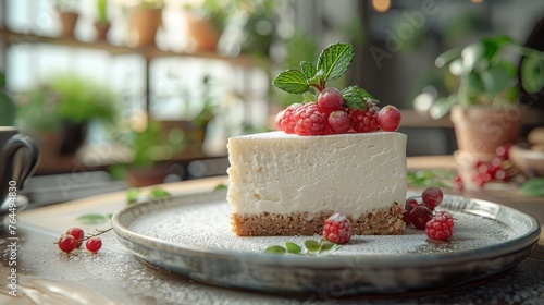  A slice of delectable cheesecake crowned with luscious raspberries on a platter, set against the backdrop of a steaming
