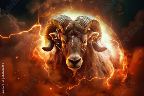 A horned animal with large horns standing proudly in front of a ring of fire © Anoo