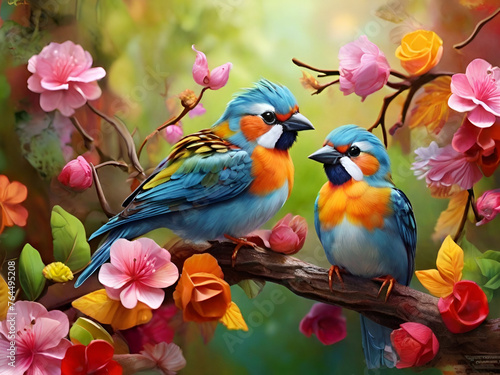 Birds on a branch discover the colorful avain harmony of nature