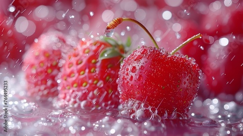  Red wall, strawberries on table, water droplets