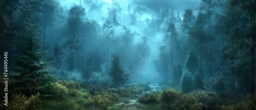 Foggy Mystical Forest. Illustration On The Theme Of Nature And Mysticism  Travel And Nature.   Generative AI  