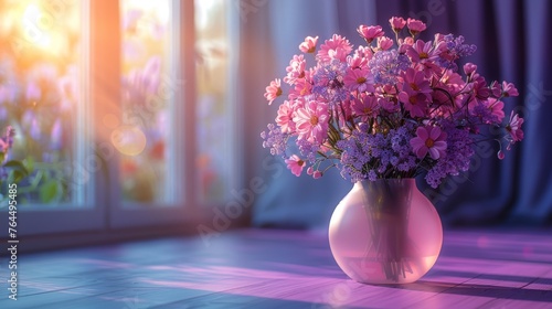  A pink vase of purple flowers on a table by a blue window curtain
