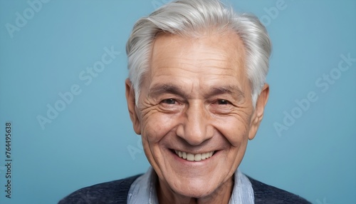 Portrait of the elderly, silver hair, senior. smiling. indoor. clean background.. blue background