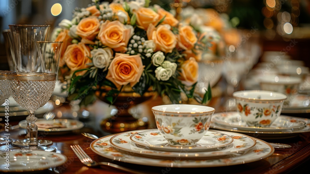  Close-up photo of a table with a vase of flowers and a cup & saucer