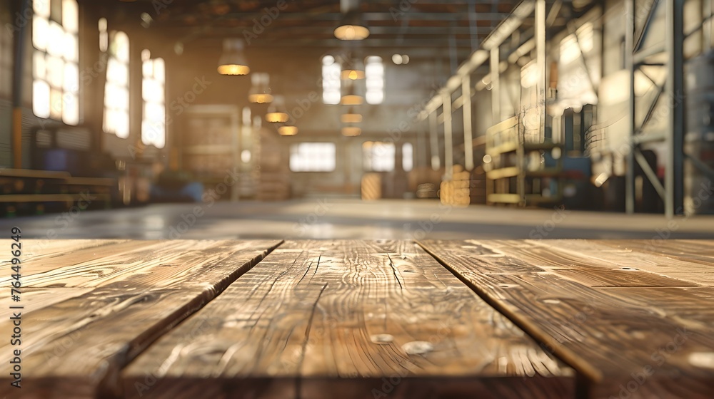 Warm sunlit industrial loft space with wooden floor and hanging lights. ideal for background or setting. a trendy urban workshop scene. AI