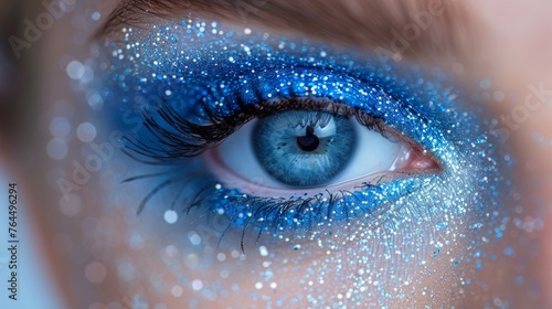  Close up of a person's blue-eyed eye with silver glitter applied to the outside