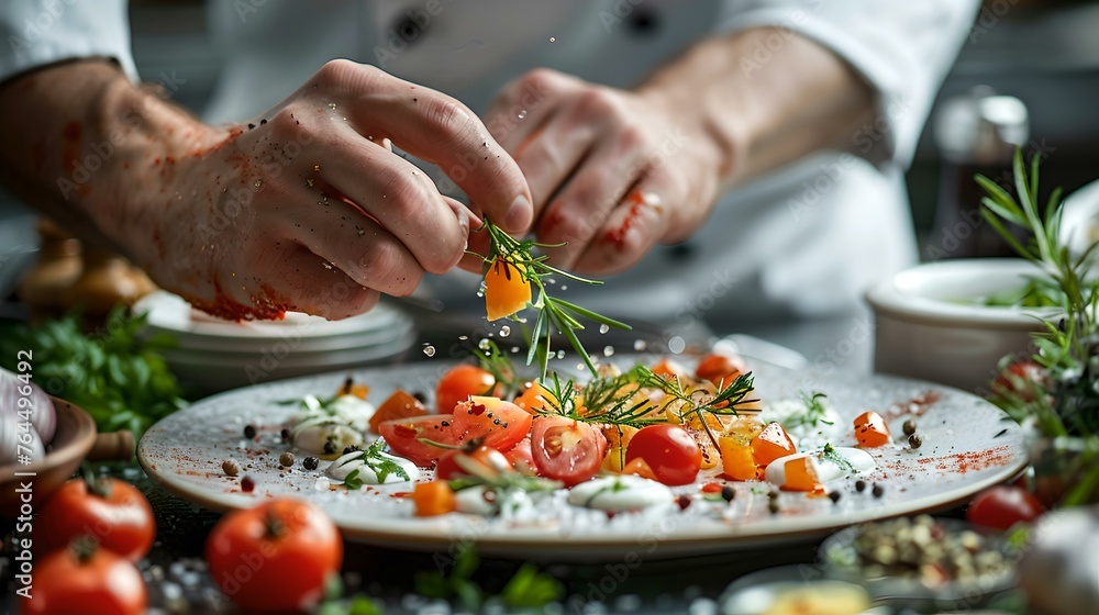 Professional chef garnishing a gourmet dish with delicate herbs, culinary artistry in action. carefully plated fresh ingredients. high-end cuisine presentation. AI