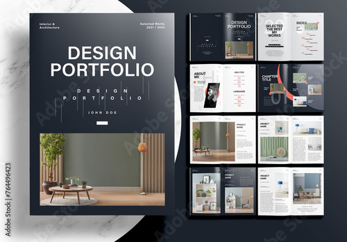 Modern Interior Design Portfolio Layout Template with Gray and Orange Accents