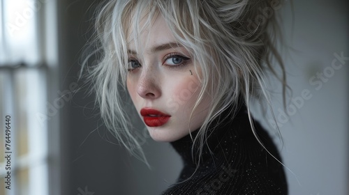  Doll with blonde hair, red lips, window in background - close up