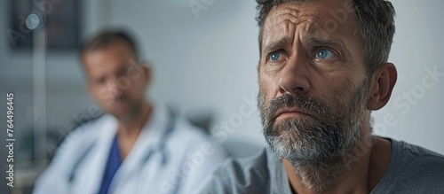 Two males are in a medical facility, with one man looking directly towards the viewer photo