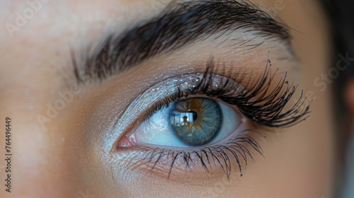  Blue eyelined eye with long black and white eyelashes photo