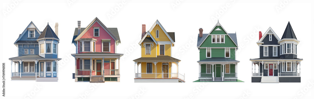 Collection of colorful cute old single-family home icons on white background, Generative AI image.