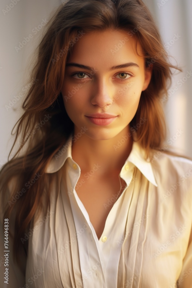 Woman with long brown hair and white shirt is smiling Woman with long brown hair and white shirt is smiling
