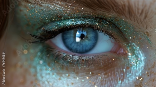  Close-up photo of a blue eye with golden highlights in the blue iris