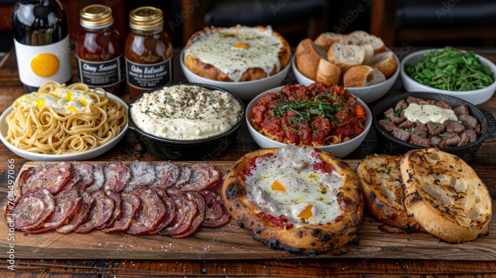 A beautifully set wooden cutting board overflowing with an array of foods, condiments, and wine bottles A beautifully set wooden cutting board overflowing with an array of foods, condiments, and wine bottles