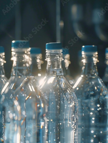 Row of water bottles with blue caps