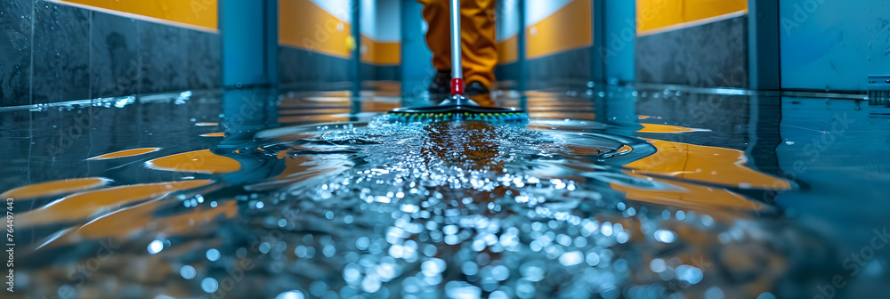 Person Mopping a Hallway with Water Seeping Underneath,
A Man janitor mopping floor in new storage room of laboratory. Commercial cleaning and janitor services concept - obrazy, fototapety, plakaty 