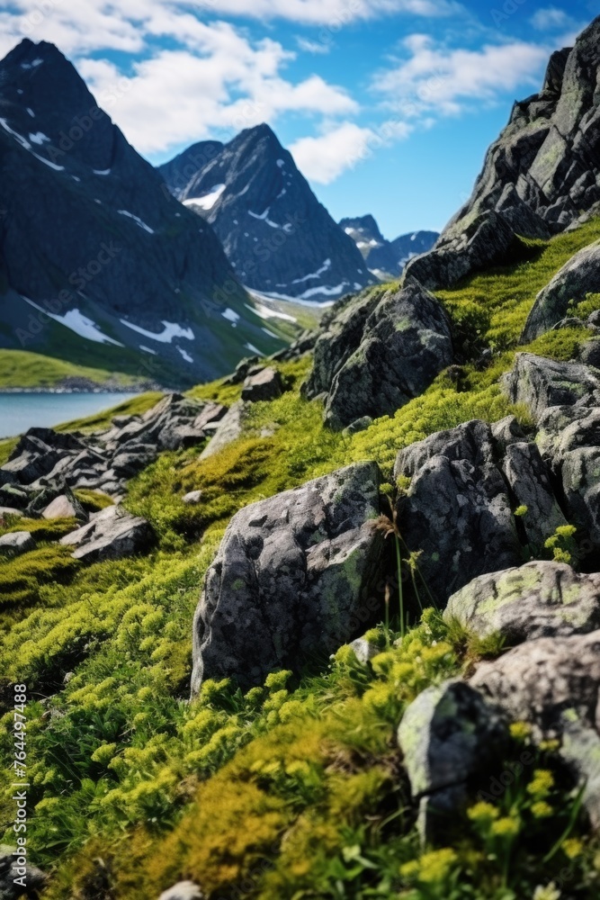 Mountain range with snow on peaks and lake in foreground