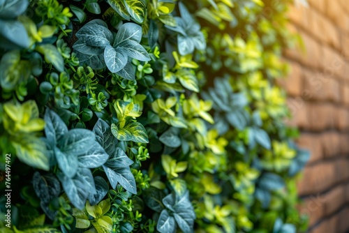 A variety of lush, green plants beautifully arranged on a vertical garden wall, with sunlight filtering through.