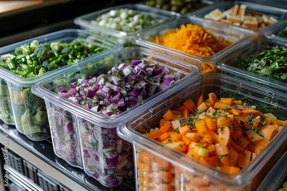A selection of colorful mixed vegetables and salads neatly arranged in transparent containers at a market.