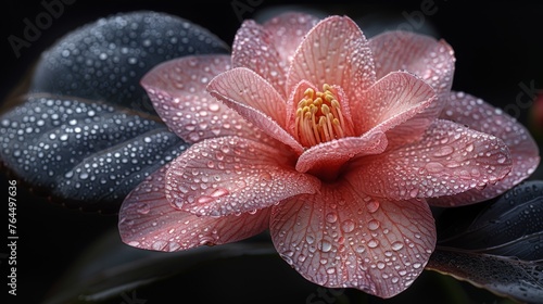  Close-up of a pink flower with water drops on its petals and a green leaf in the foreground
