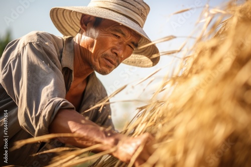 Man wearing straw hat is bending over to pick up some straw