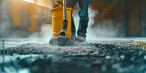 Removing dust and debris from construction site with highpowered vacuum cleaner. Concept Construction Cleanup, Highpowered Vacuum, Dust Removal, Debris Removal, Site Maintenance
