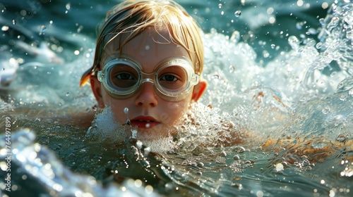 Young boy is swimming in ocean wearing goggles