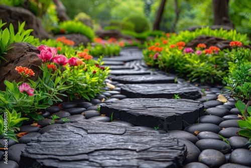 An elegant garden path lined with black stones and vibrant pink flowers.