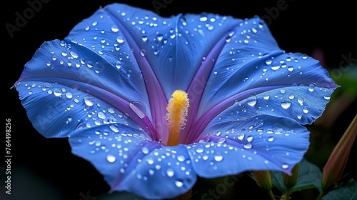  A macro shot of a vibrant blue bloom with dewdrops & a lush green foliage backdrop