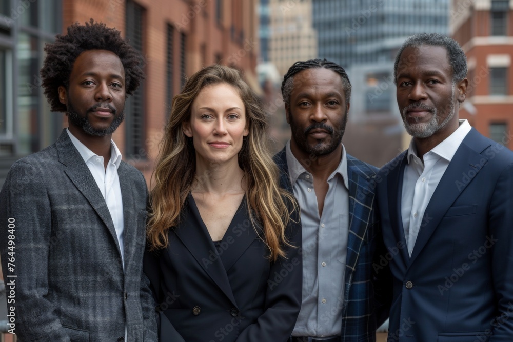 Four experts in business attire stand together, exuding confidence against an urban backdrop. Four experts in business attire stand together, exuding confidence against an urban backdrop.