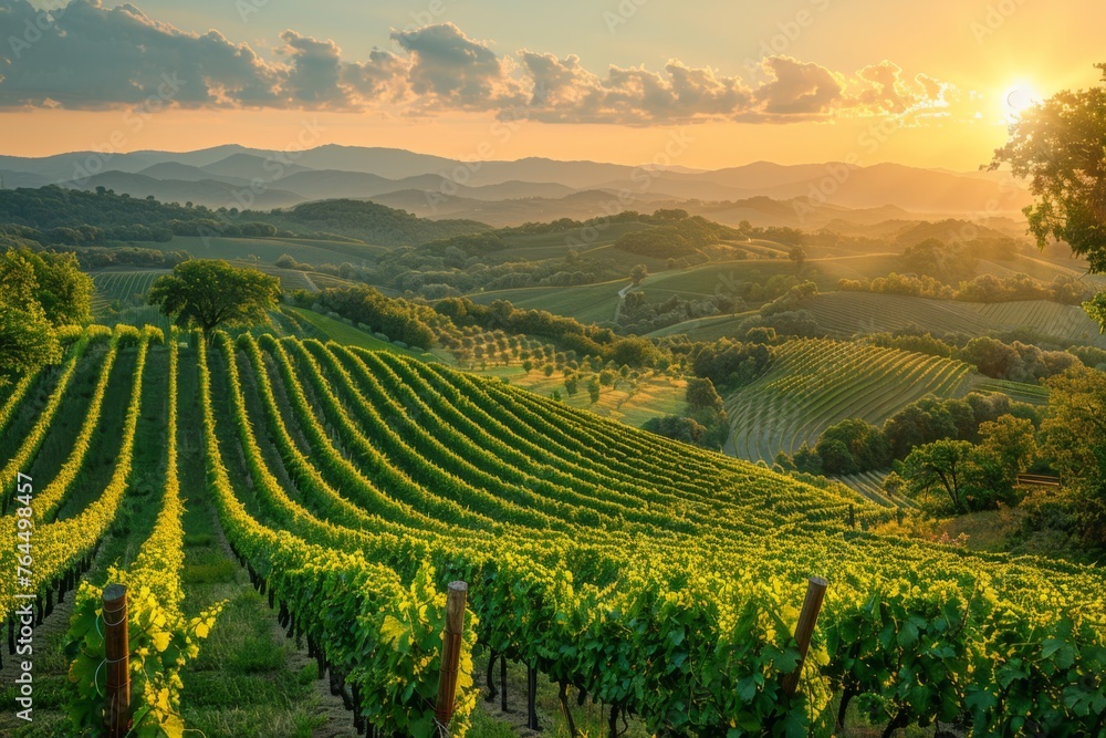 A verdant vineyard stretches over undulating hills under a radiant sunset, encapsulating rural charm.