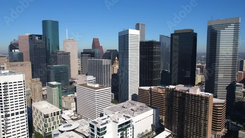 Houston TX Downtown Skyscrapers, Aerial View of Financial District Towers, Drone Shot photo