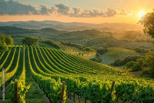 A verdant vineyard stretches over undulating hills under a radiant sunset, encapsulating rural charm. photo
