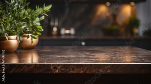 Modern empty dark marble table top or kitchen island on blurry bokeh kitchen
